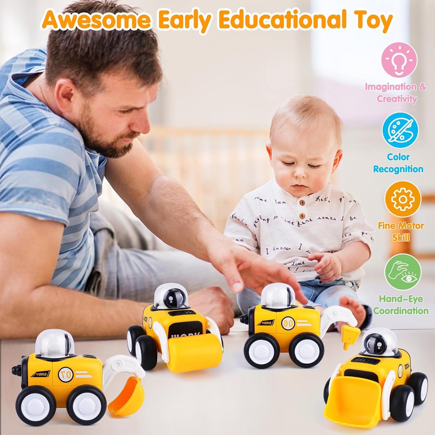 Toybharat Work Construction Car Combo Set Of 4 Pcs. |Multicolour | Travel Toys | Push N Go
