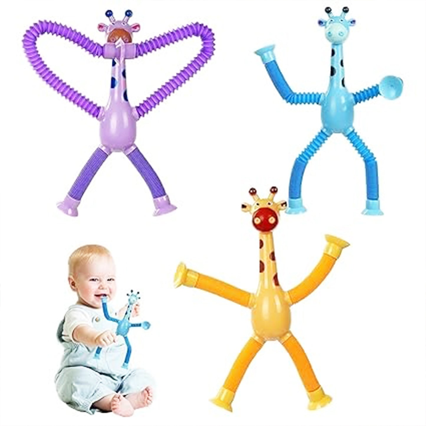 ToyBharat Telescopic Suction Cup Giraffe Toy Shape Changing Pop Fidget Tube Sensory Toys for Girls Boys | Multicolour | Travel Toys | Birthday Gift for kids | Interactive Toys| Pcs. 4