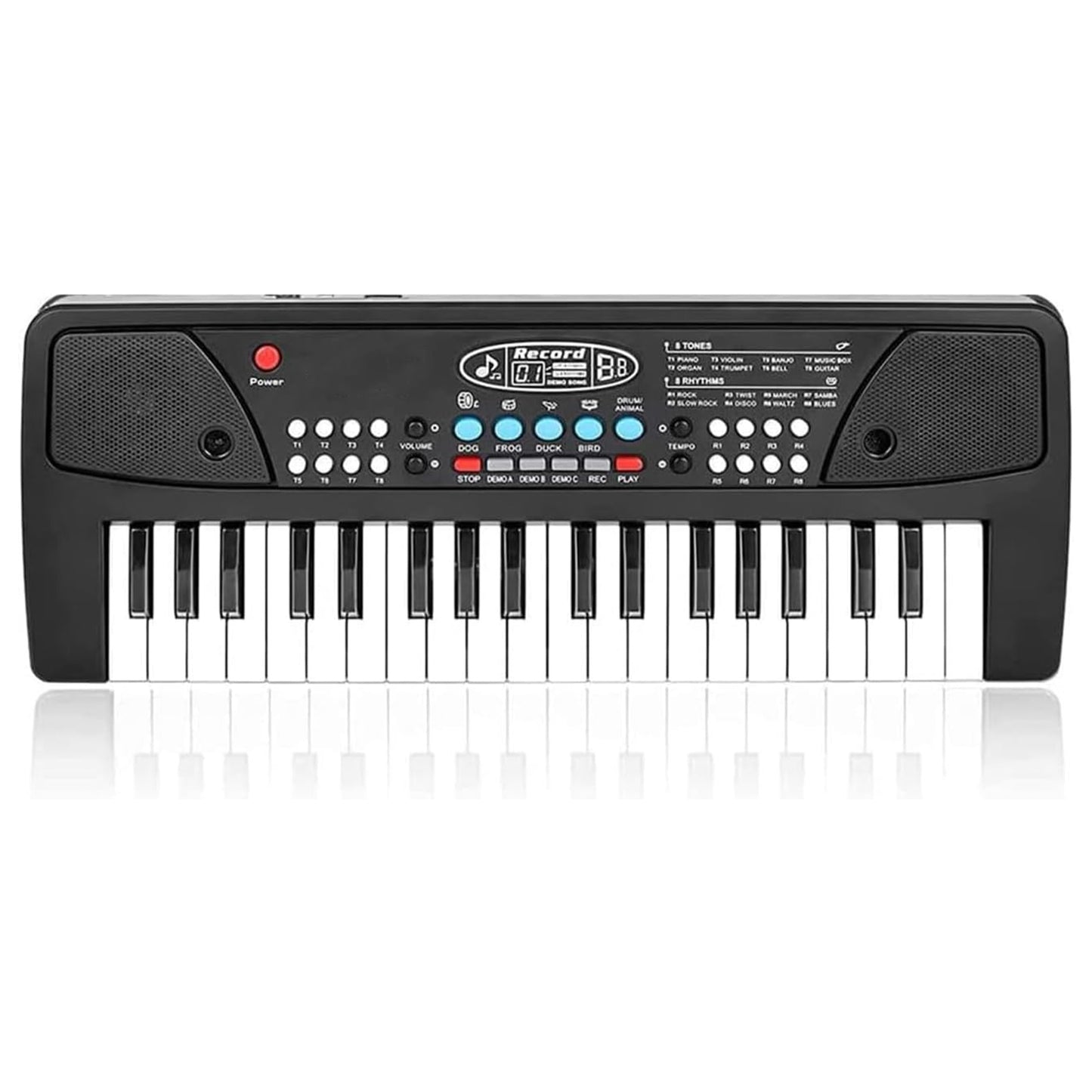 ToyBharat Portable Musical Keyboard with Microphone | 37 Keys, 8 Rhythms, 8 Tones with 6 In-Built Demos & Song Record Feature|Black Color, Dual Power Supply Source: Micro USB Cable (Included)