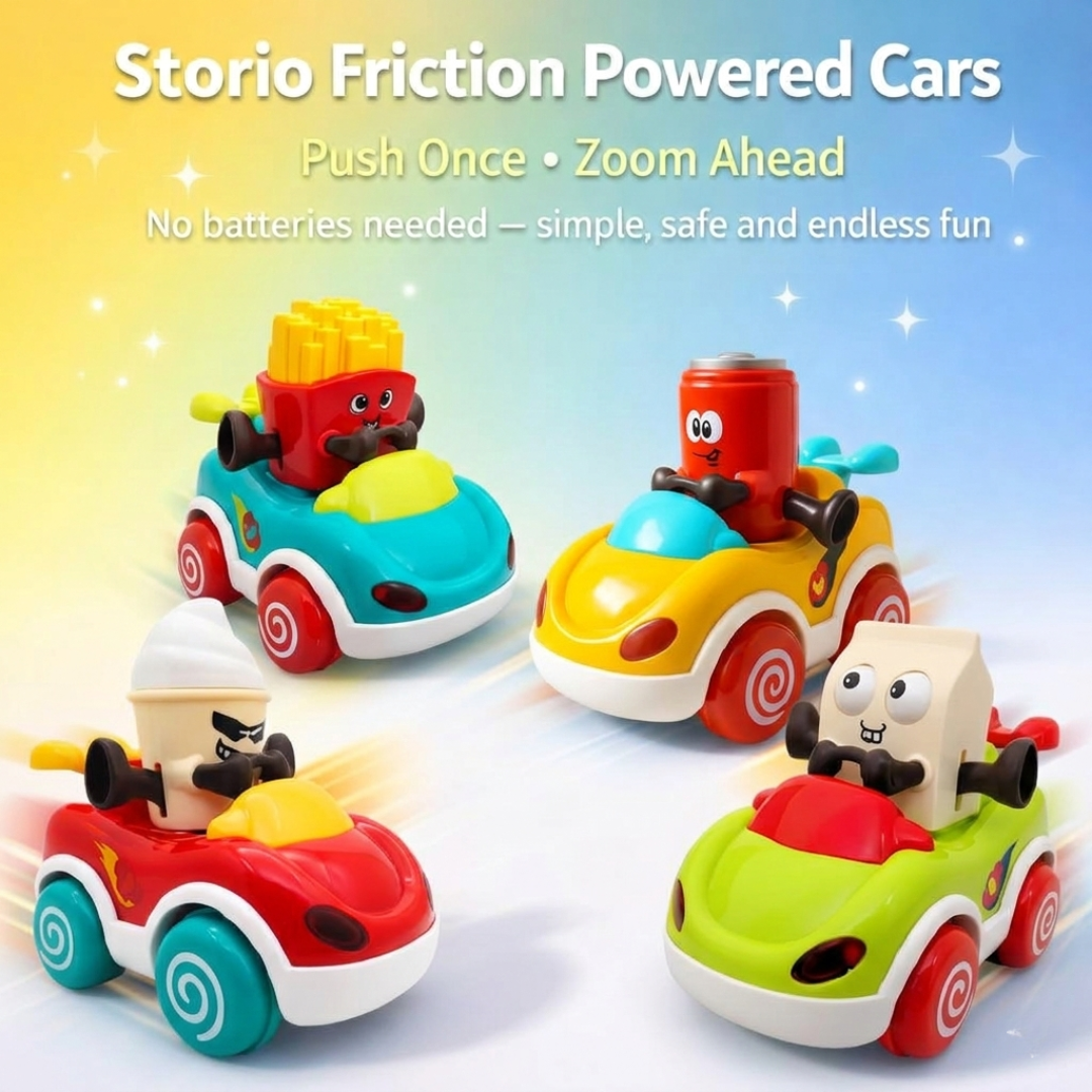 Toybharat Pack of 4 Foodie Toy Cars | Friction Powered Vehicles | Educational Baby Cars for 1-3 Years | Cartoon Themed Mr Chips, Mr Milk, Mr Coca, Mr Icecream.| For Unisex Kids.