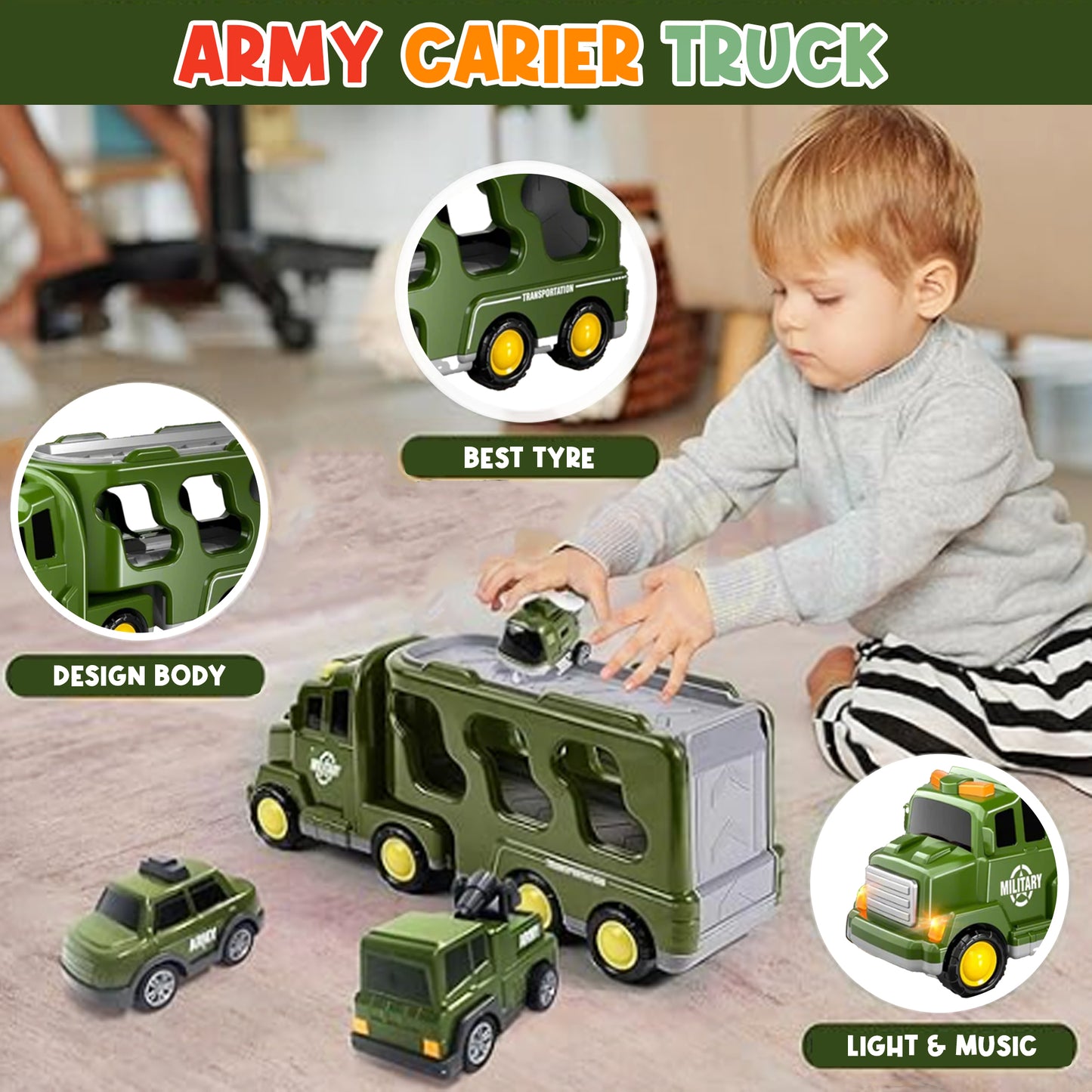 Toybharat Army Carrier Truck | Multicolor | Interactive Toys |Battery Operated Light And Sound Effect Truck for Kids Gift