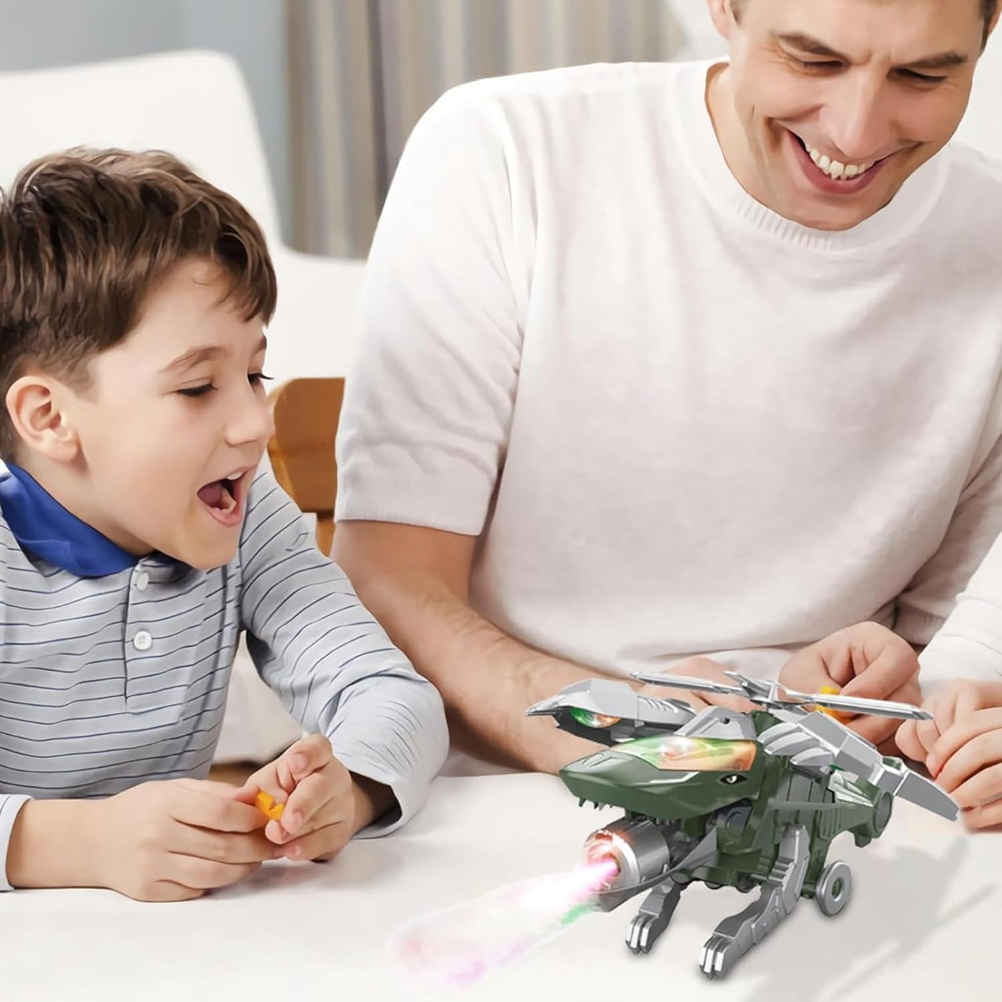ToyBharat 2-in-1 Deformer Plane transforms from helicopter to dinosaur with lights, music, and smoke spray. Bump N Go motion adds fun, making it a perfect gift toy for toddlers and babies aged 0–3 years.