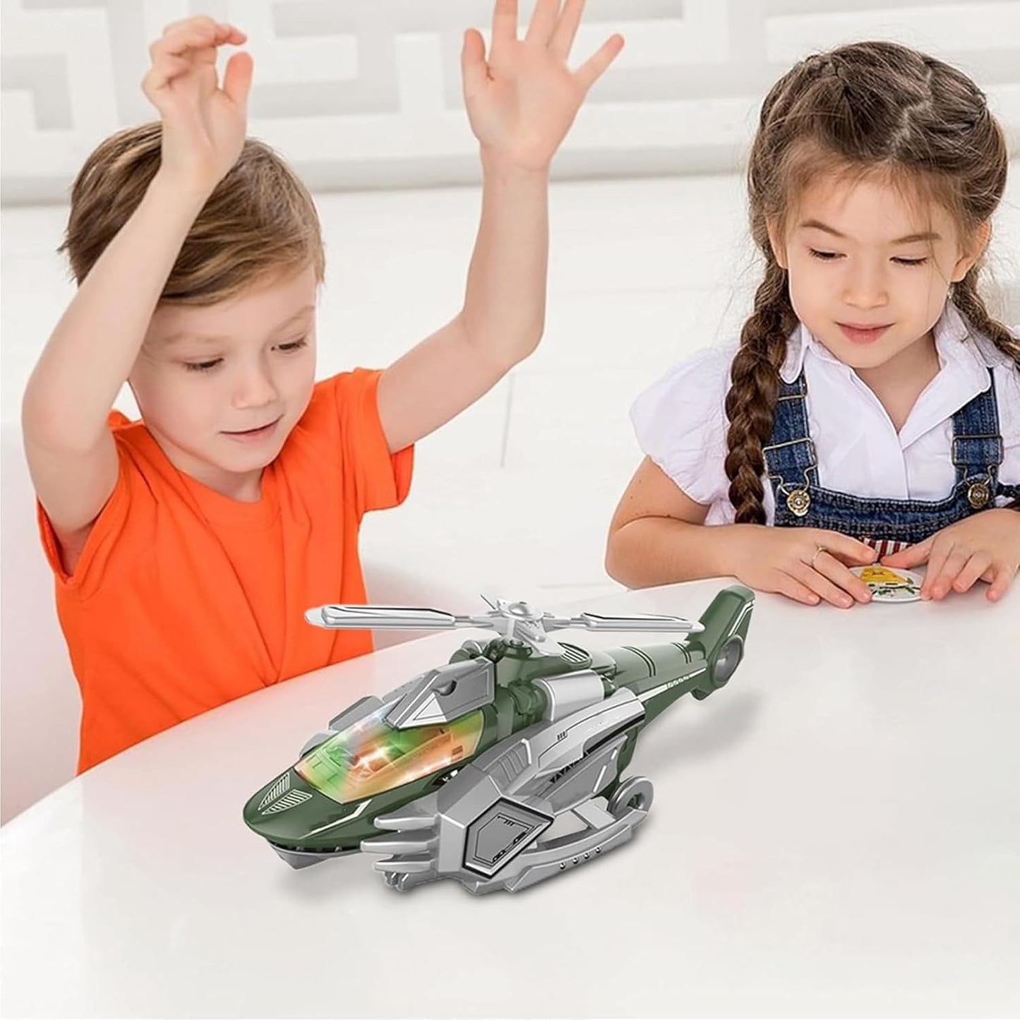 ToyBharat 2-in-1 Deformer Plane transforms from helicopter to dinosaur with lights, music, and smoke spray. Bump N Go motion adds fun, making it a perfect gift toy for toddlers and babies aged 0–3 years.