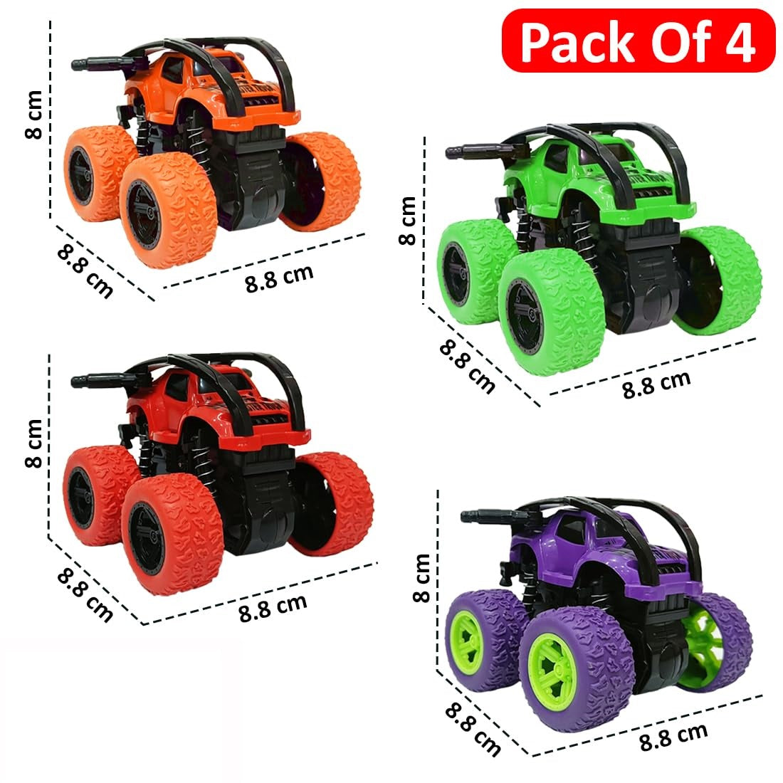 ToyBharat Monster Truck 360° Rotating Stunt Toy - Pack of 4 | Made in India | Realistic Design | Safe, Non-Toxic & Durable | Indoor & Outdoor Play | Perfect Gift for Kids (1-6 Years) | Multicolour