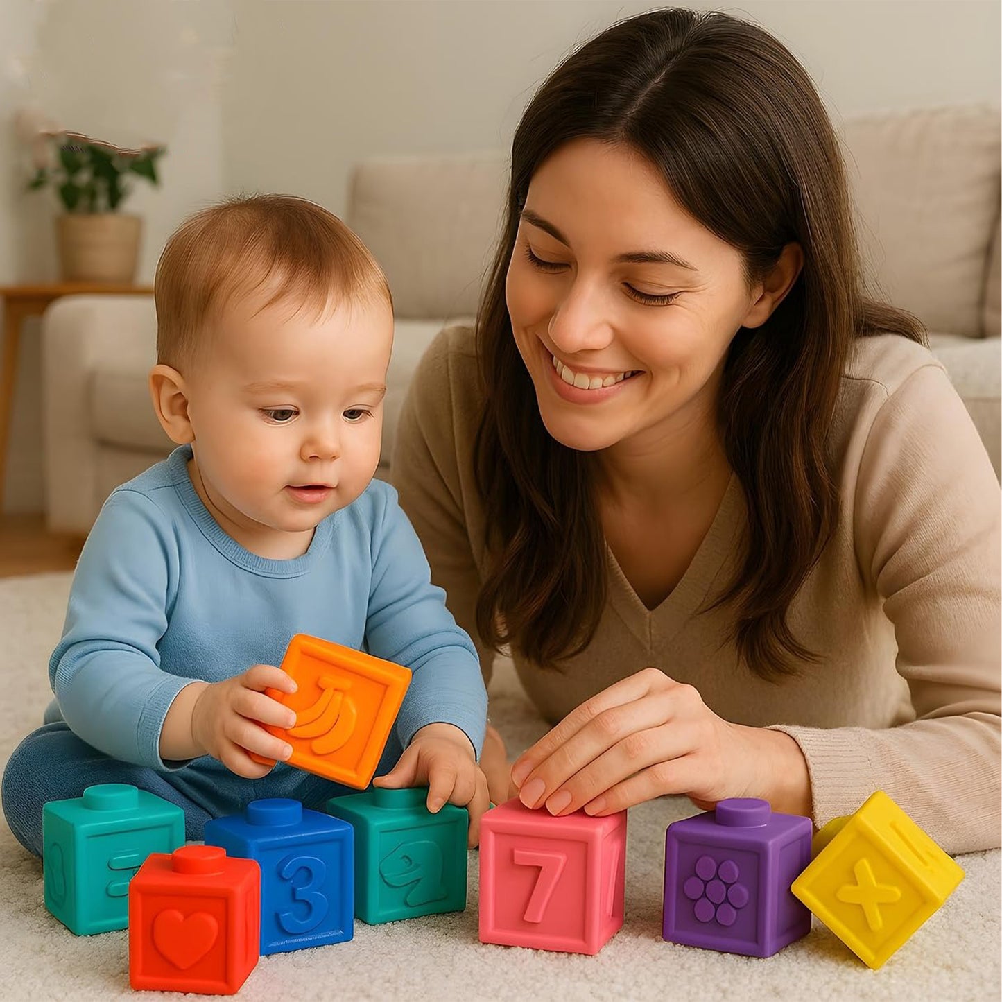 ToyBharat Cuddle Cubes Soft Baby Building Blocks Colorful Soft Stack & Learn Toy for Toddlers|BPA-Free, Chewable, Educational Sensory Blocks with Numbers, Animals, Fruits, Textures & Shapes (Set of 6)