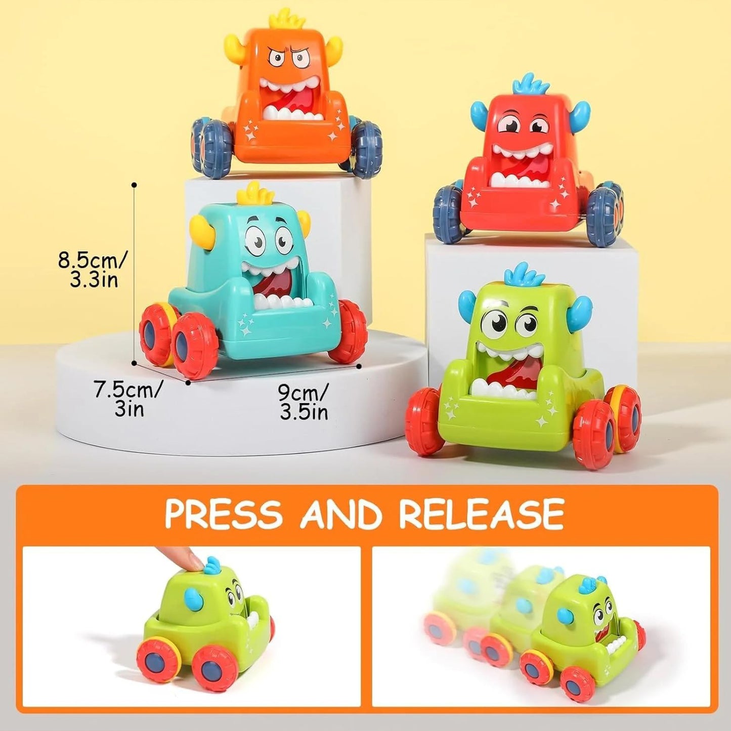 ToyBharat  Mini Monster Trucks Toy for Kids Age 3+ Years- Friction-Powered Racing Cars, Pull Back 360° Rotating Off-Road Vehicles, Inertia Trucks for Kids, Gift for Boys | Set of 4