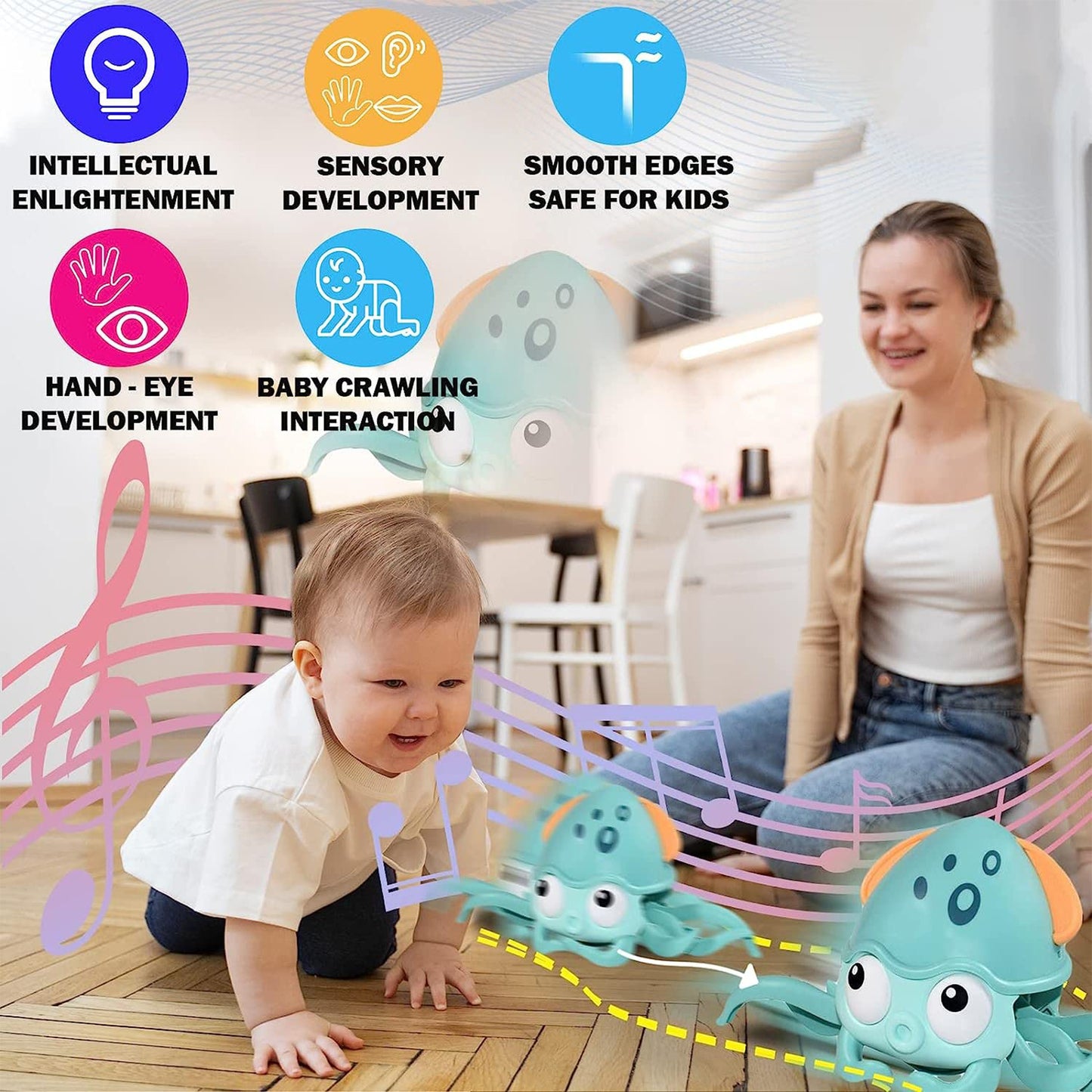 ToyBharat Interactive Baby Musical Octopus Crawling Toy with music, LED lights, and obstacle avoidance. A perfect tummy time toy for boys and girls age 1+, encouraging movement and sensory development.