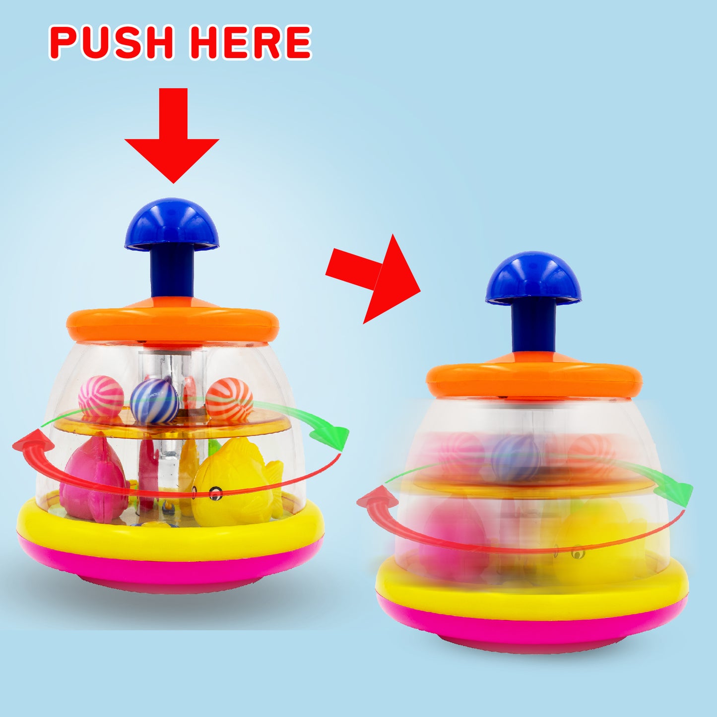 ToyBharat Push & Spin Fish & Ball Toy features a musical spinner with colorful fish and light-up balls. A multicolour interactive toy for toddlers that promotes learning through music, motion, and bright visuals.