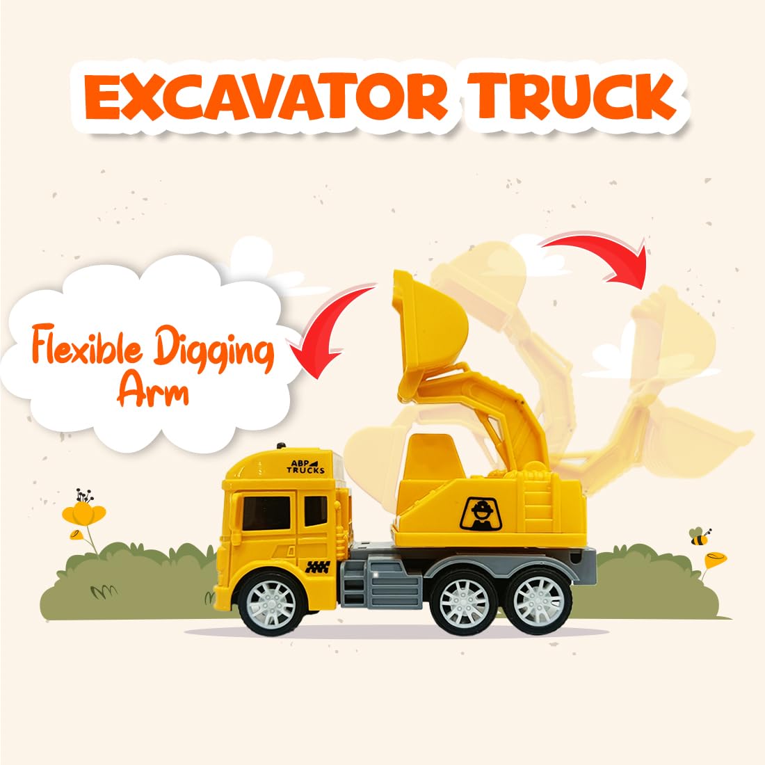oyBharat Contruction Truck Set Friction Powered Cars Construction Cement Mixer Truck Dumper Excavator Truck Toys for 1 2 3 Year Old Boy Girl Baby Kids, Pack of 4