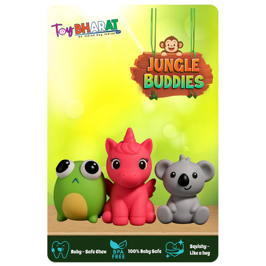 ToyBharat Jungle Buddies is a set of 3 fun squeeze toys—one lights up, one makes a “chu chu” sound, and one has eye pop-out action. Perfect for kids aged 1 to 6 for sensory, safe, and joyful playtime.