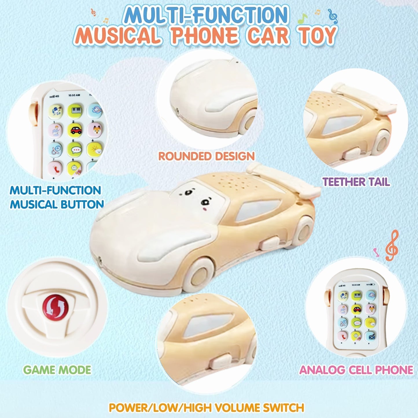 ToyBharat The Car Mobile Projector Toy features colorful lights, music, and a rotating projector. Battery-operated and self-moving, it’s perfect for kids ages 1 to 6 who enjoy light-up, musical toys.