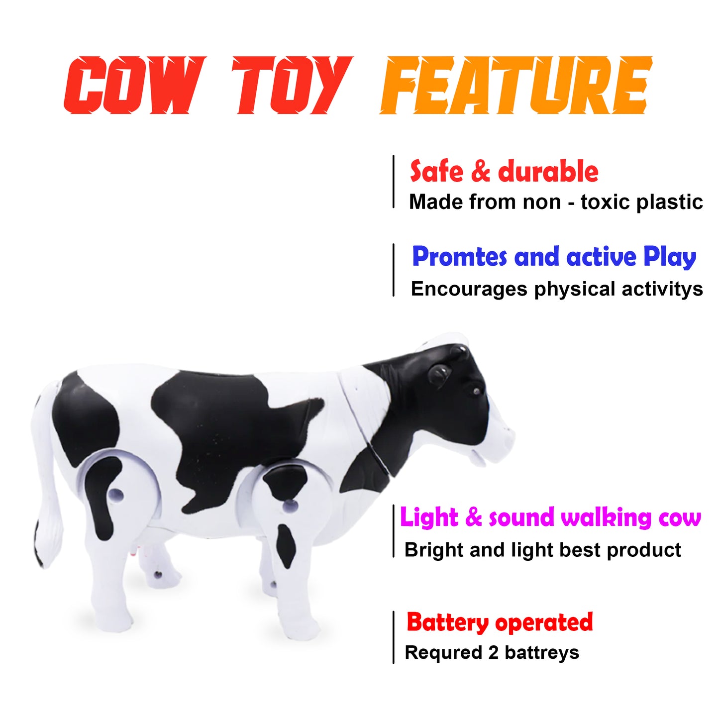 ToyBharat Light N Sound Walking Cow| Electronics Toy| Musical & Light Toy | Multicolour | Birthday Gift for kids |