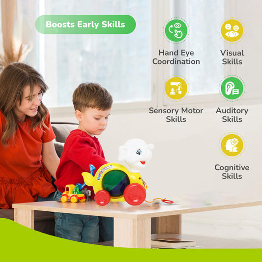 ToyBharat Pulling Funny Cat is a multicolour pull-along toy designed for toddlers aged 1-6 years. Made from safe and non-toxic materials, it's perfect for indoor and outdoor play and makes a fun kids’ gift.