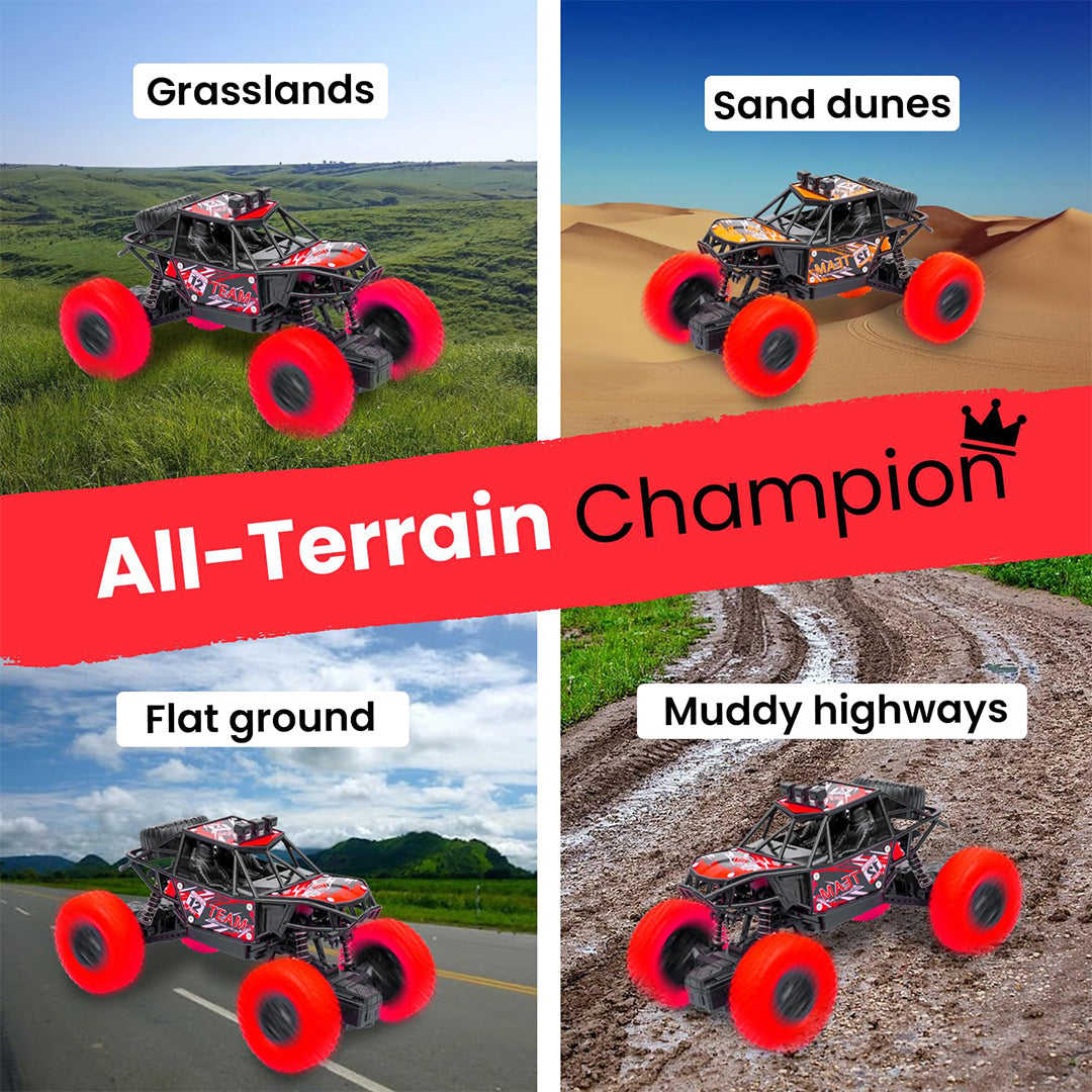 ToyBharat RC Monster Remote Control Car is a powerful multicolour electronic car toy with stunt action. Safe, durable, and exciting for kids, it's ideal for indoor and outdoor play and makes a thrilling gift.
