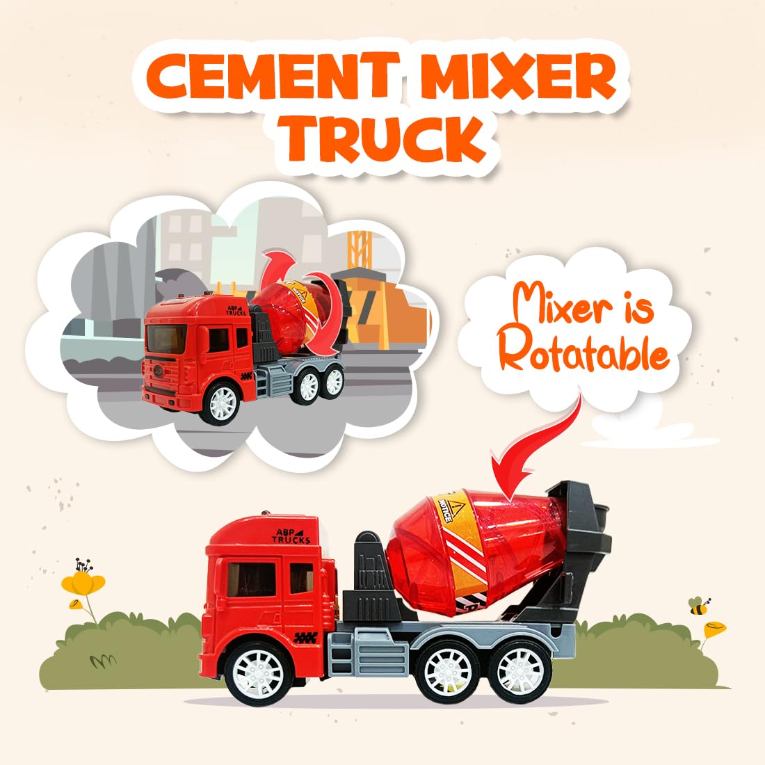 oyBharat Contruction Truck Set Friction Powered Cars Construction Cement Mixer Truck Dumper Excavator Truck Toys for 1 2 3 Year Old Boy Girl Baby Kids, Pack of 4