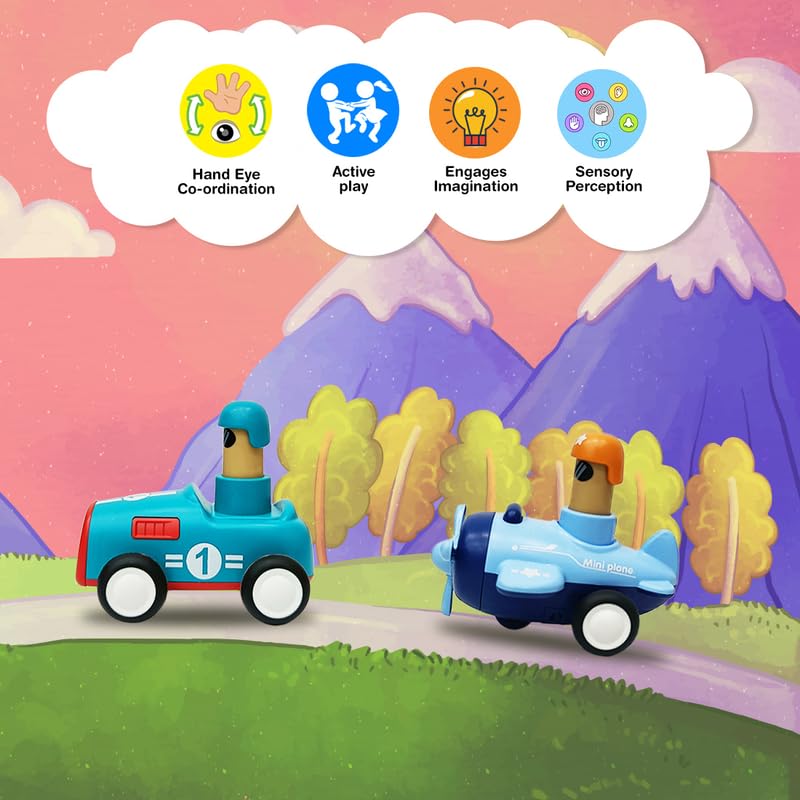 ToyBharat Push and Go Toy Vehicle Pack of 4 – Includes Vintage Car, Boat, Plane & Train Engine | Made in India | Safe & Non-Toxic | Ages 1-6 Years | Indoor & Outdoor Play | Gift for Kids | Multicolour
