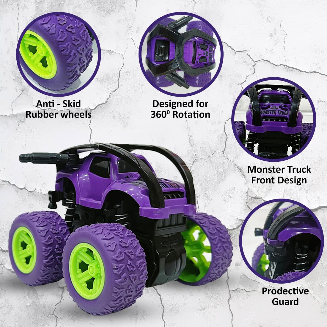 ToyBharat Monster Truck 360° Rotating Stunt Toy - Pack of 4 | Made in India | Realistic Design | Safe, Non-Toxic & Durable | Indoor & Outdoor Play | Perfect Gift for Kids (1-6 Years) | Multicolour