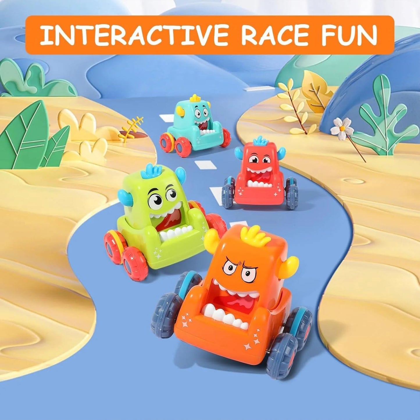 ToyBharat  Mini Monster Trucks Toy for Kids Age 3+ Years- Friction-Powered Racing Cars, Pull Back 360° Rotating Off-Road Vehicles, Inertia Trucks for Kids, Gift for Boys | Set of 4