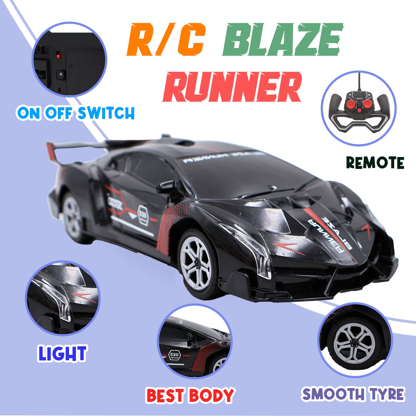 ToyBharat RC Blaze Runner Remote Control Car is a multicolour electronic toy with a realistic design, ideal for kids aged 1–6. Safe, non-toxic, and perfect for indoor and outdoor play and gifting fun.