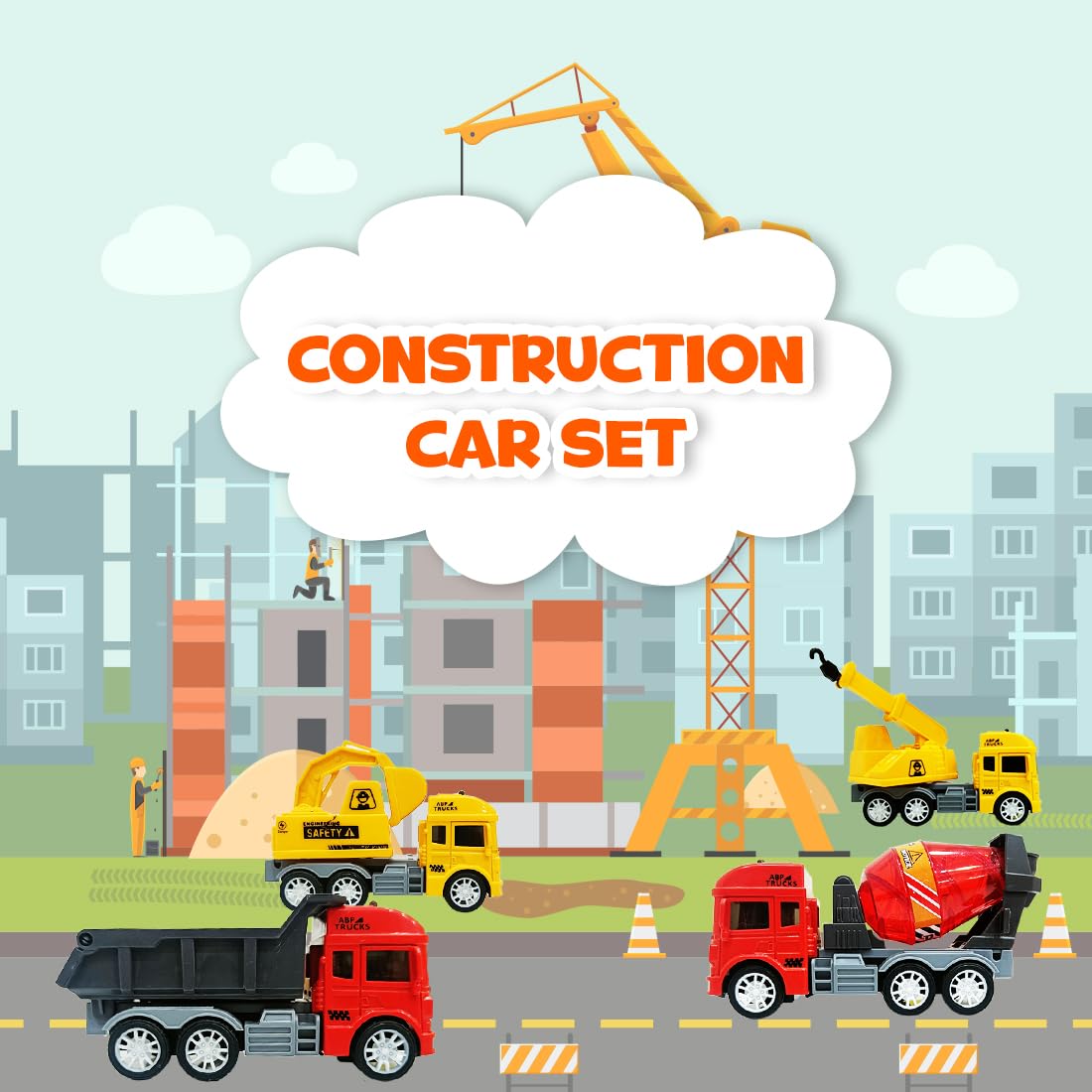 oyBharat Contruction Truck Set Friction Powered Cars Construction Cement Mixer Truck Dumper Excavator Truck Toys for 1 2 3 Year Old Boy Girl Baby Kids, Pack of 4