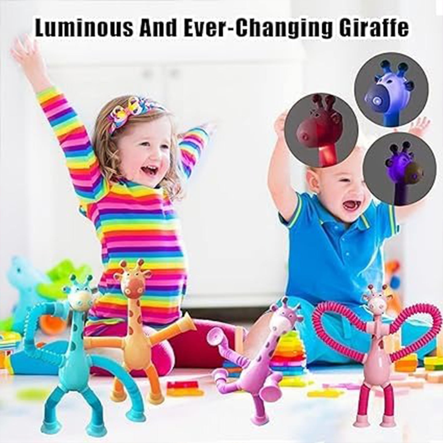 ToyBharat Telescopic Suction Cup Giraffe Toy Shape Changing Pop Fidget Tube Sensory Toys for Girls Boys | Multicolour | Travel Toys | Birthday Gift for kids | Interactive Toys| Pcs. 4