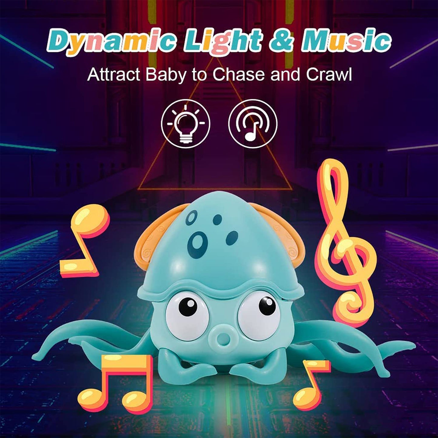 ToyBharat Interactive Baby Musical Octopus Crawling Toy with music, LED lights, and obstacle avoidance. A perfect tummy time toy for boys and girls age 1+, encouraging movement and sensory development.