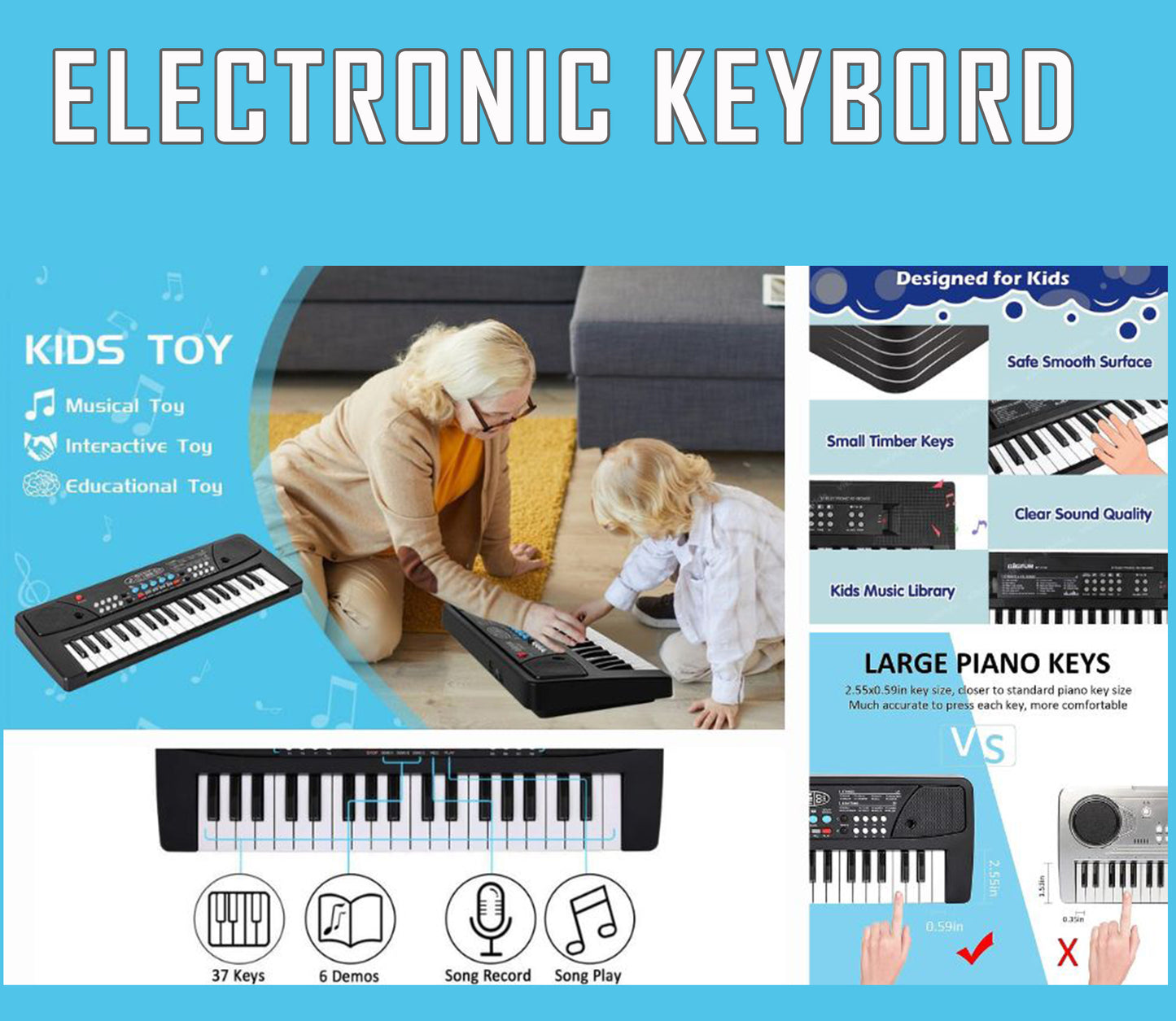 ToyBharat Portable Musical Keyboard with Microphone | 37 Keys, 8 Rhythms, 8 Tones with 6 In-Built Demos & Song Record Feature|Black Color, Dual Power Supply Source: Micro USB Cable (Included)
