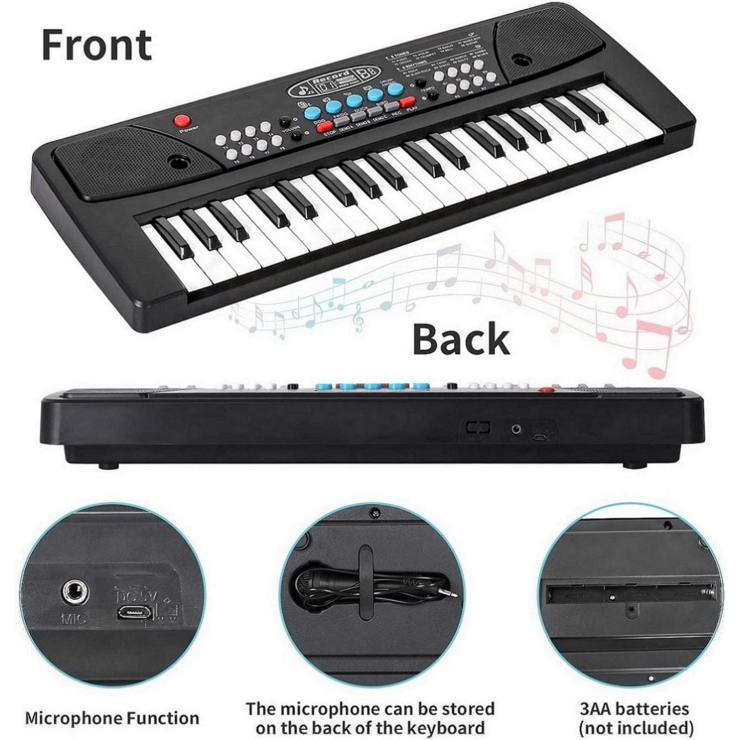 ToyBharat Portable Musical Keyboard with Microphone | 37 Keys, 8 Rhythms, 8 Tones with 6 In-Built Demos & Song Record Feature|Black Color, Dual Power Supply Source: Micro USB Cable (Included)