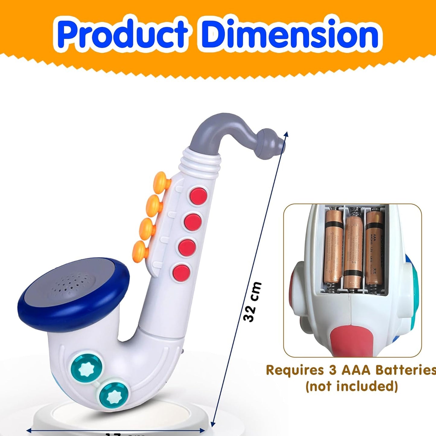 ToyBharat Musical battery saxophone toy for kids with fun sound, colorful design, and easy play features. An engaging and educational musical instrument toy for boys and girls aged 3+, perfect for gifting.