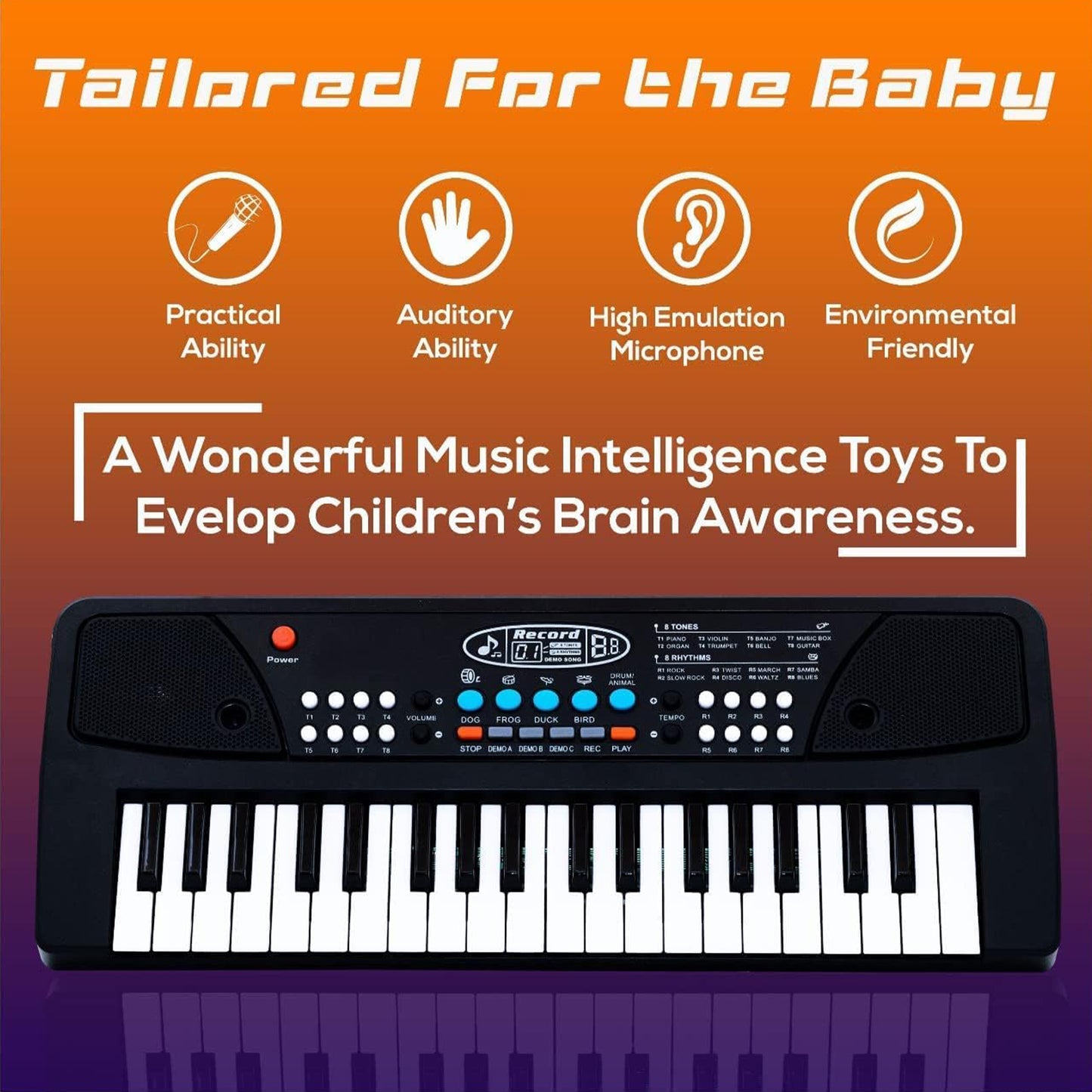 ToyBharat Portable Musical Keyboard with Microphone | 37 Keys, 8 Rhythms, 8 Tones with 6 In-Built Demos & Song Record Feature|Black Color, Dual Power Supply Source: Micro USB Cable (Included)