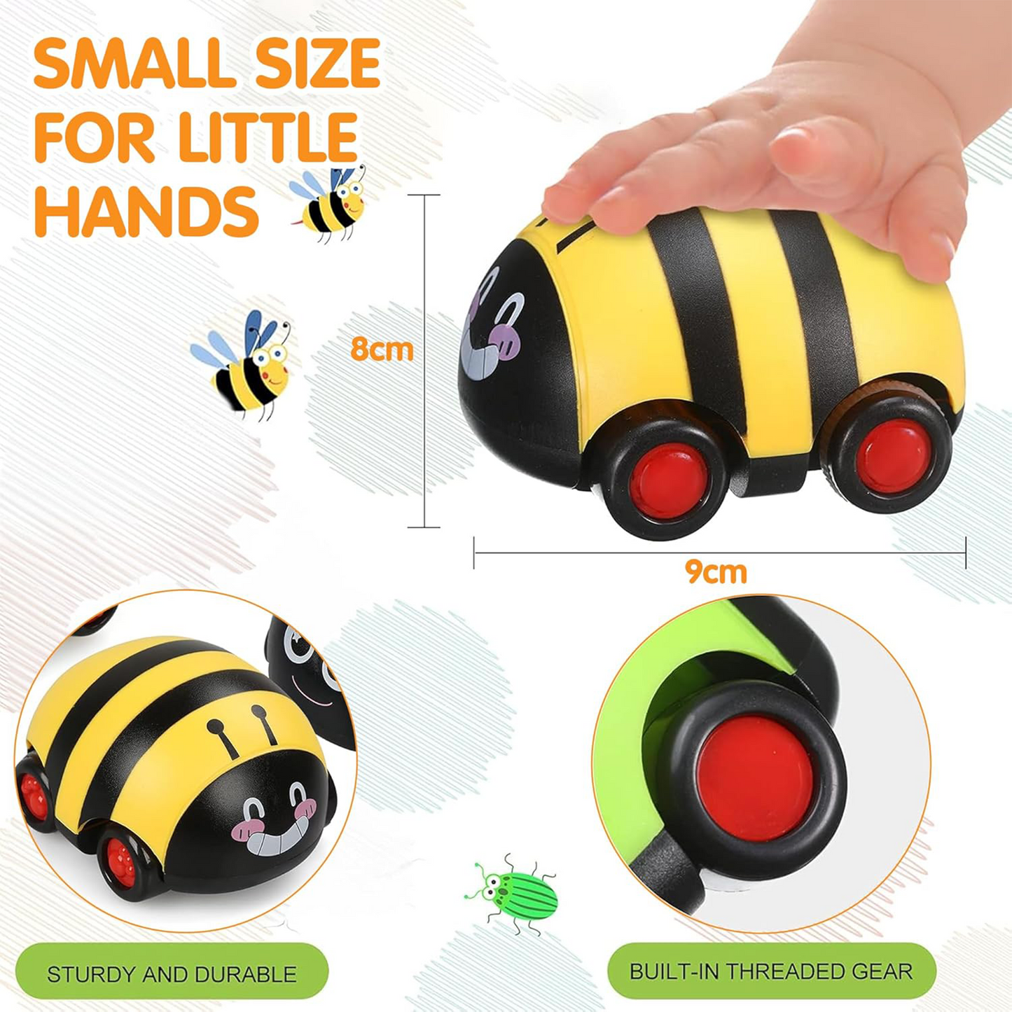 insect pull back toy cars for kids aged 1–6 years. These friction-powered vehicles are non-toxic, safe, and perfect for indoor and outdoor play. Great gift for kids!