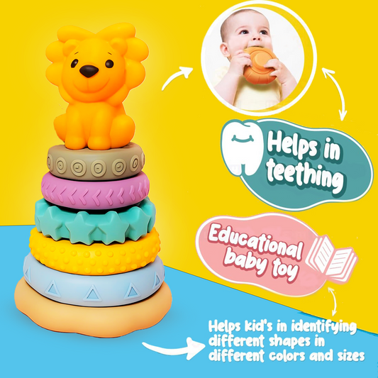 ToyBharat Ring-A-Roos is a soft, colourful stacker toy with a lion top, designed for babies and toddlers. BPA-free and chewable, it supports sensory learning, hand-eye coordination, and safe teething fun.