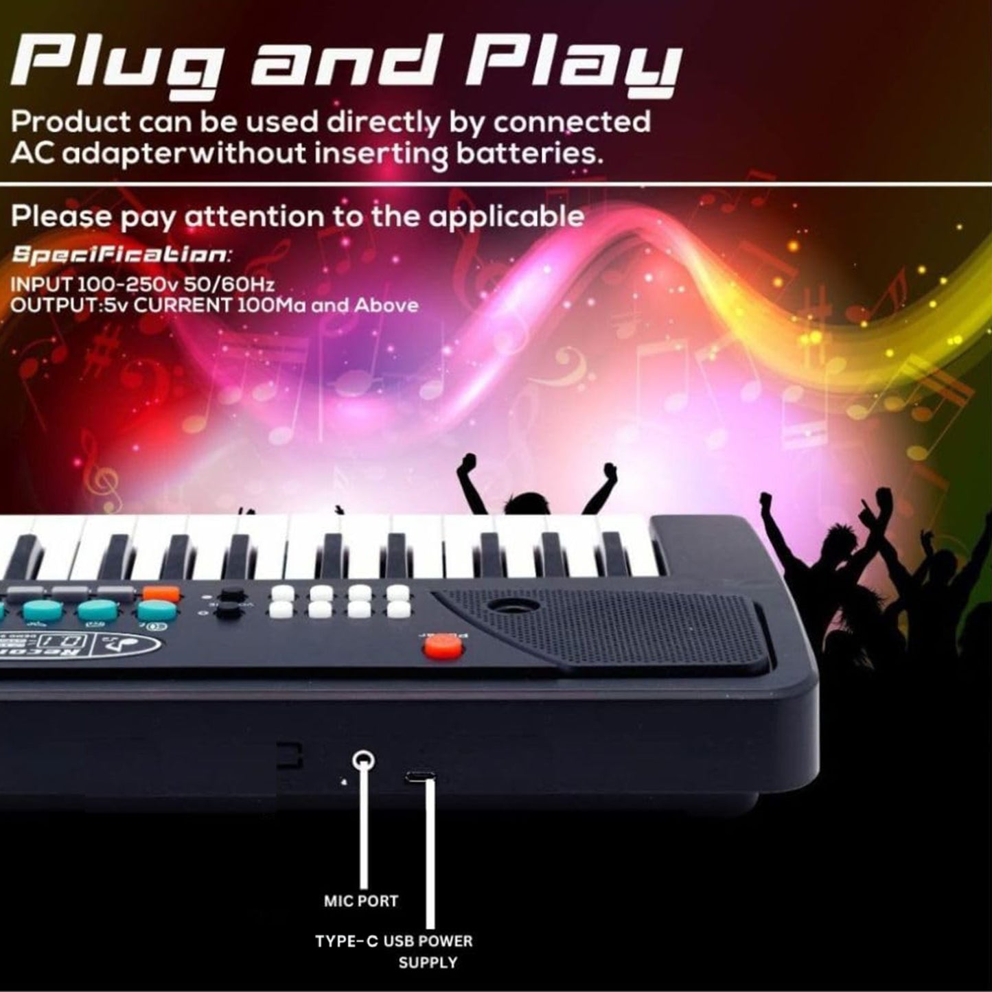 ToyBharat Portable Musical Keyboard with Microphone | 37 Keys, 8 Rhythms, 8 Tones with 6 In-Built Demos & Song Record Feature|Black Color, Dual Power Supply Source: Micro USB Cable (Included)