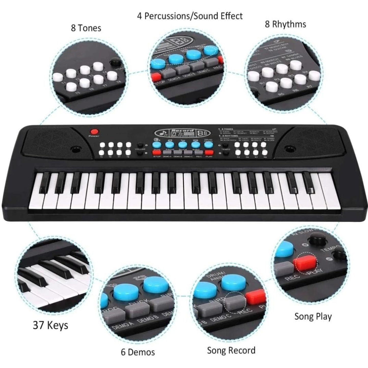 ToyBharat Portable Musical Keyboard with Microphone | 37 Keys, 8 Rhythms, 8 Tones with 6 In-Built Demos & Song Record Feature|Black Color, Dual Power Supply Source: Micro USB Cable (Included)