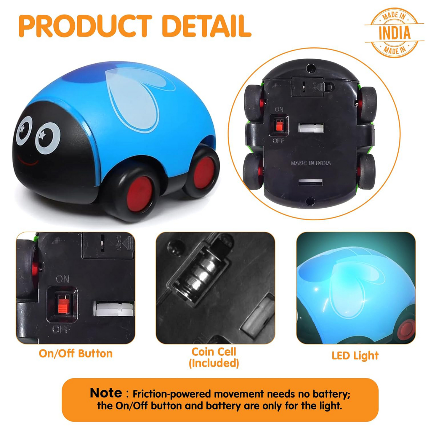 ToyBharat Pull Back Beetle Car Toys with Cute Design - Friction Powered Vehicle Playset Push & Go Toys for 1+ Years Old Boys & Girls, Gifts for Kids