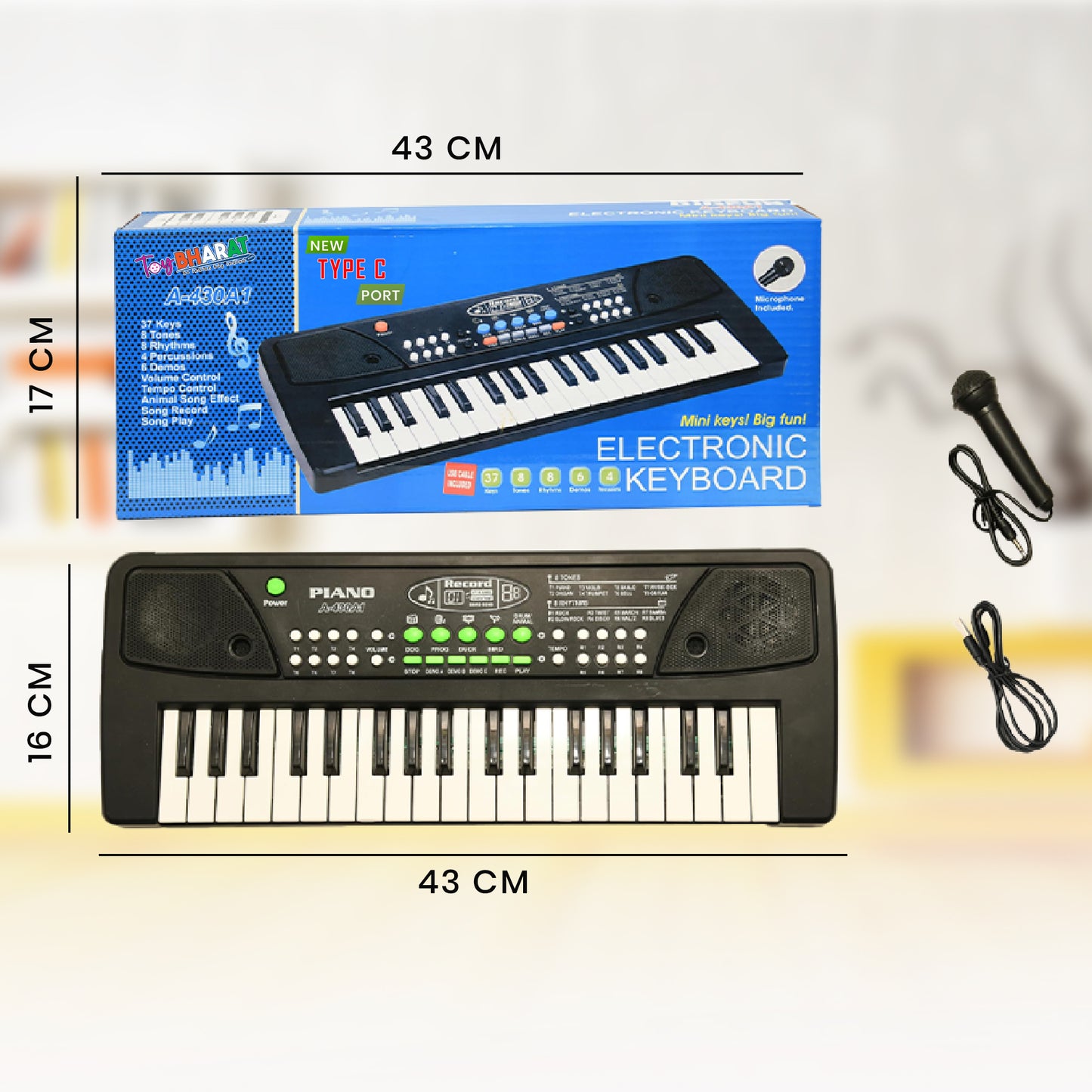 ToyBharat Portable Musical Keyboard with Microphone | 37 Keys, 8 Rhythms, 8 Tones with 6 In-Built Demos & Song Record Feature|Black Color, Dual Power Supply Source: Micro USB Cable (Included)