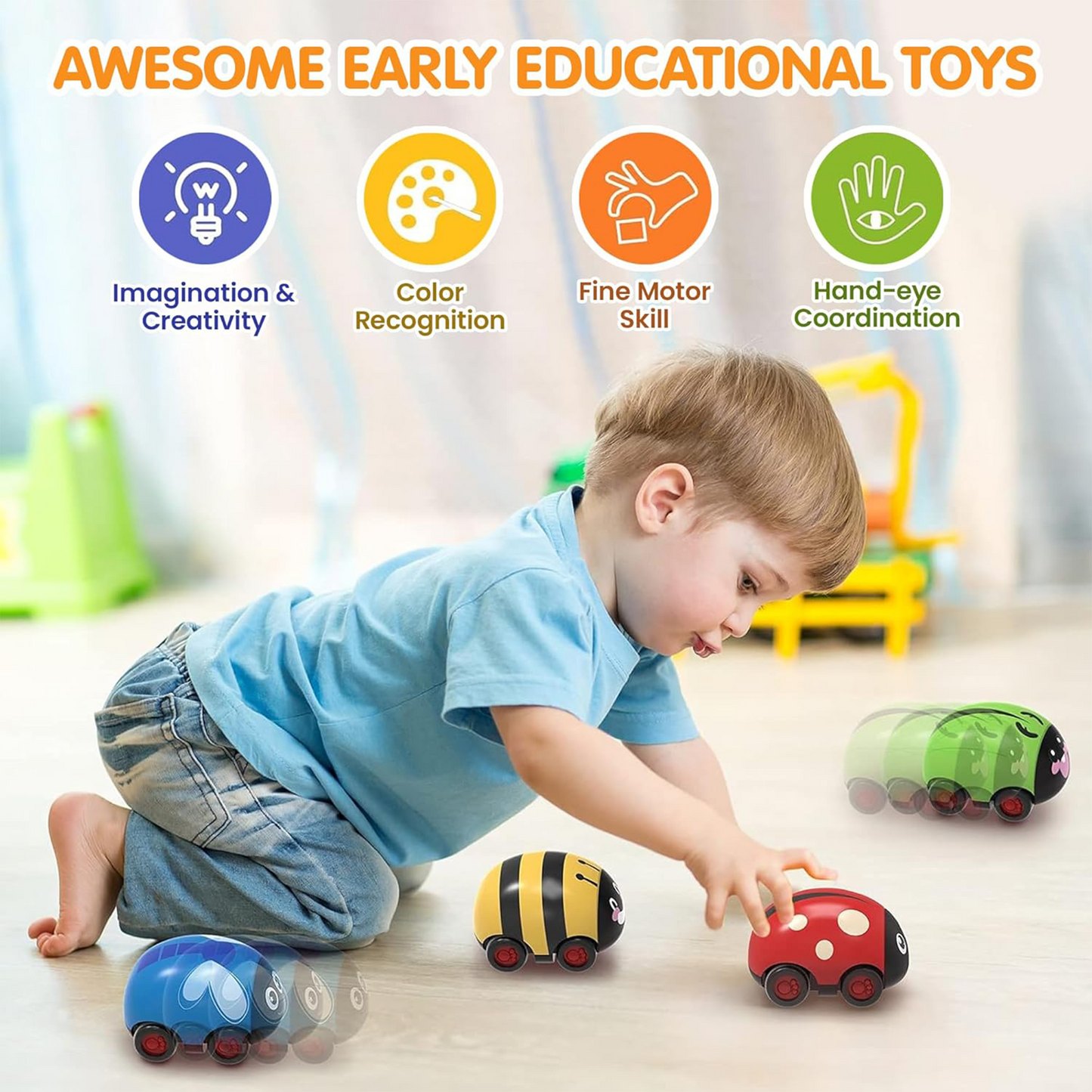 insect pull back toy cars for kids aged 1–6 years. These friction-powered vehicles are non-toxic, safe, and perfect for indoor and outdoor play. Great gift for kids!