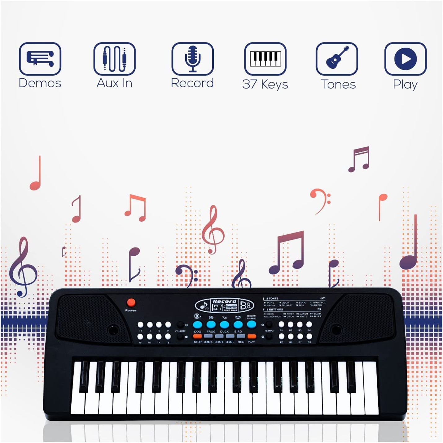 ToyBharat Portable Musical Keyboard with Microphone | 37 Keys, 8 Rhythms, 8 Tones with 6 In-Built Demos & Song Record Feature|Black Color, Dual Power Supply Source: Micro USB Cable (Included)