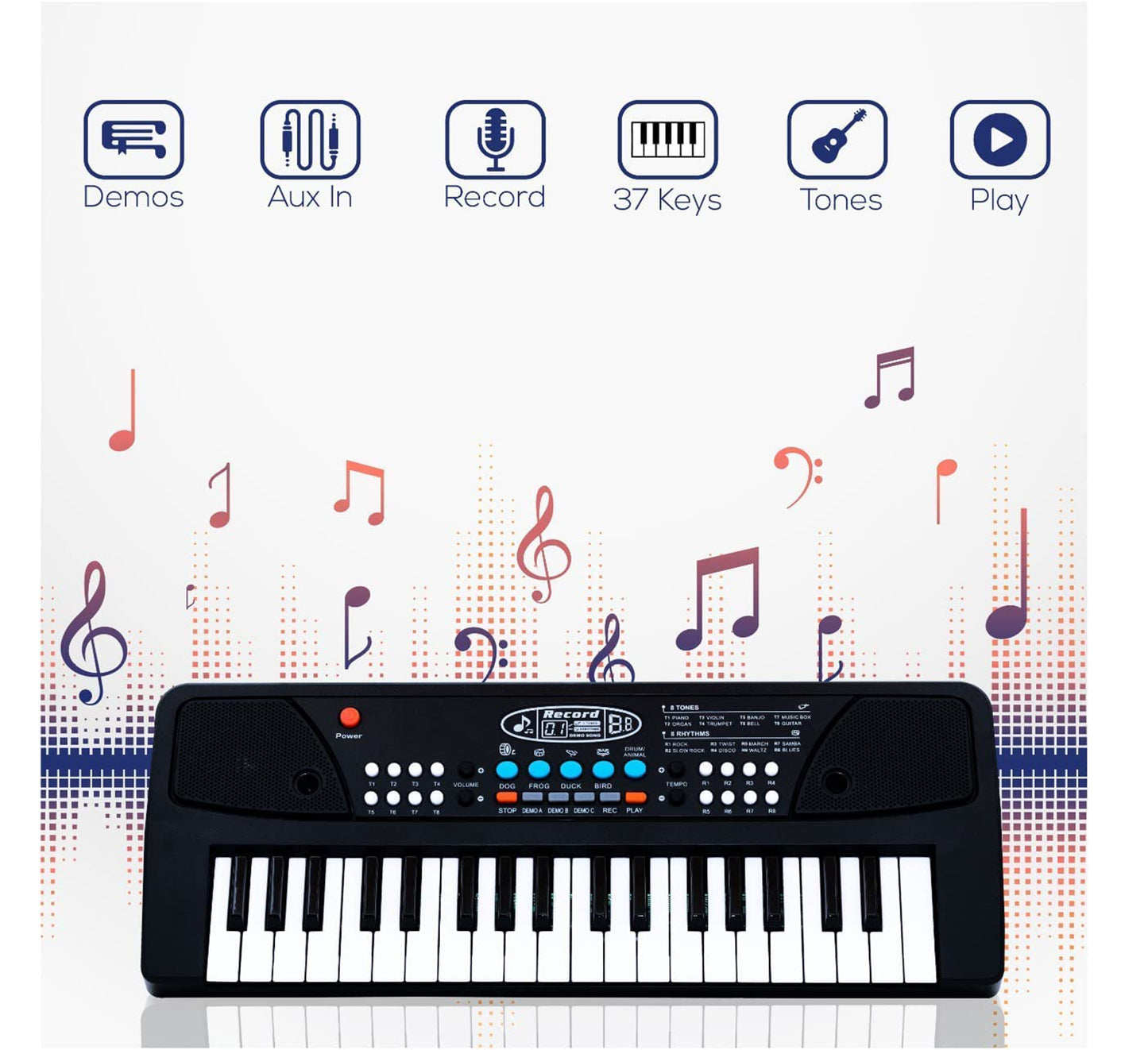 ToyBharat Portable Musical Keyboard with Microphone | 37 Keys, 8 Rhythms, 8 Tones with 6 In-Built Demos & Song Record Feature|Black Color, Dual Power Supply Source: Micro USB Cable (Included)