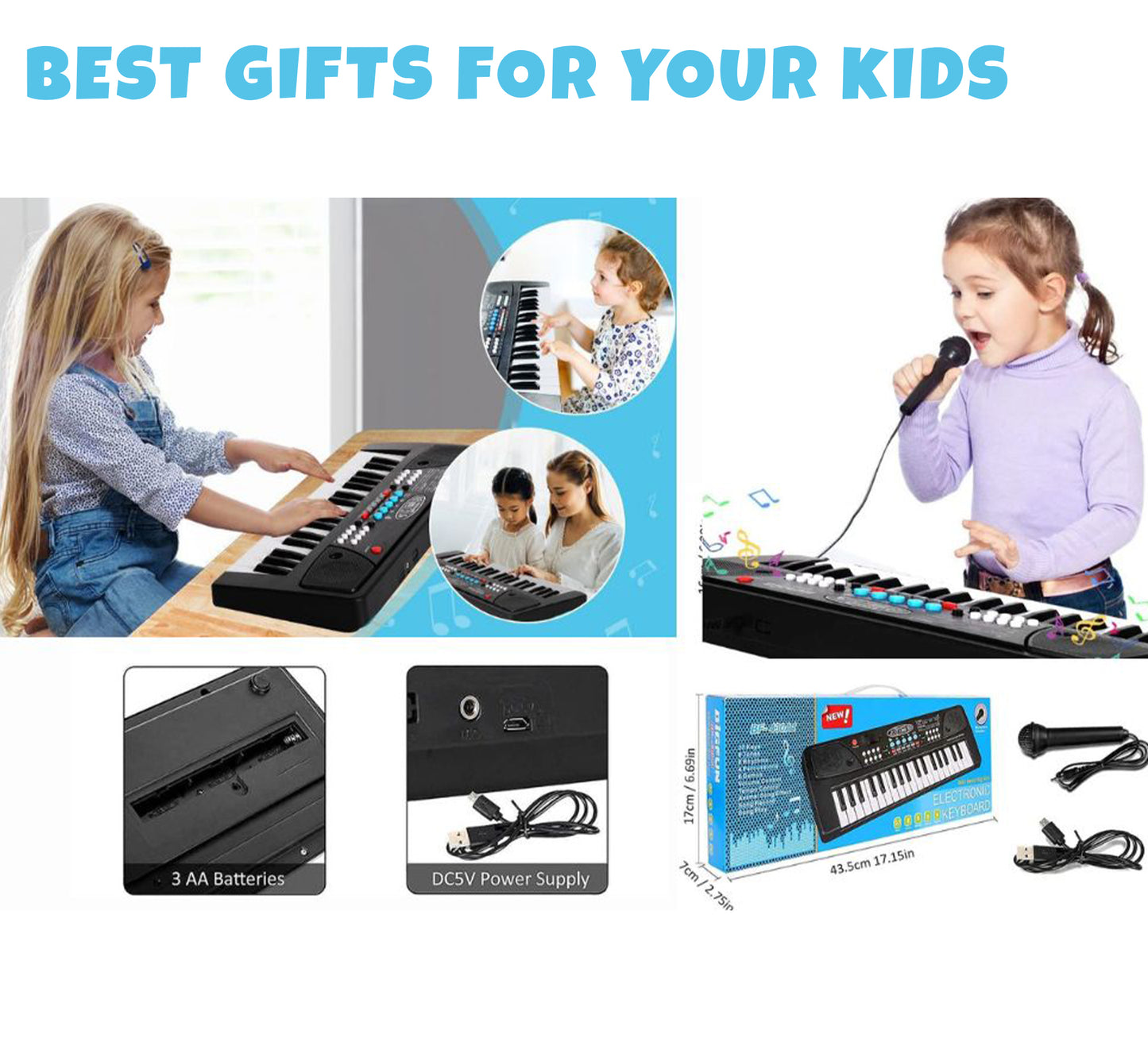 ToyBharat Portable Musical Keyboard with Microphone | 37 Keys, 8 Rhythms, 8 Tones with 6 In-Built Demos & Song Record Feature|Black Color, Dual Power Supply Source: Micro USB Cable (Included)