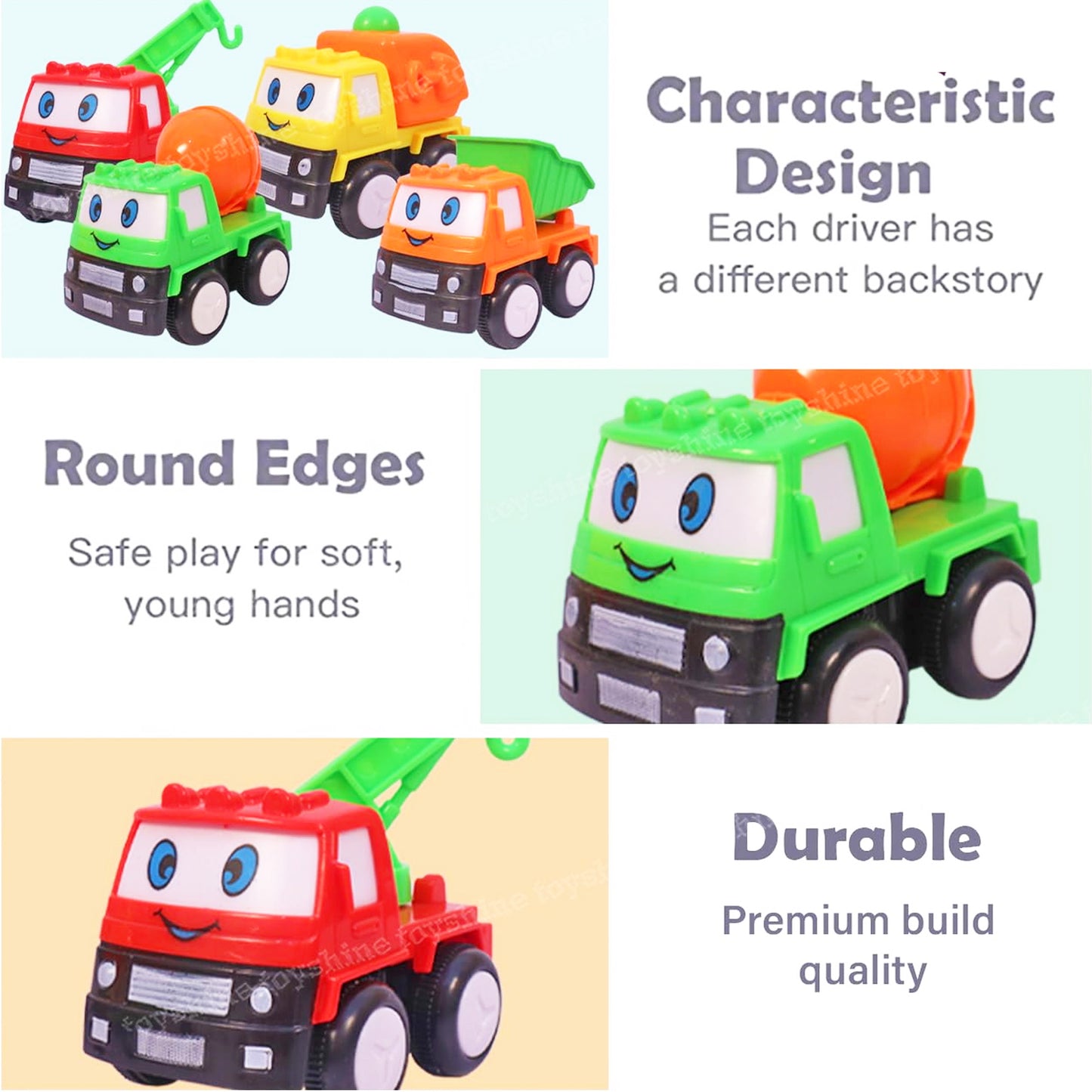 ToyBharat Construction Series 4pc Toy Car Set. Combination of 4 Vehicles, Funny Design with Eyes, Attractive Colour. Set of Dumper, Crane, Garbage Truck and Cement Mixer.