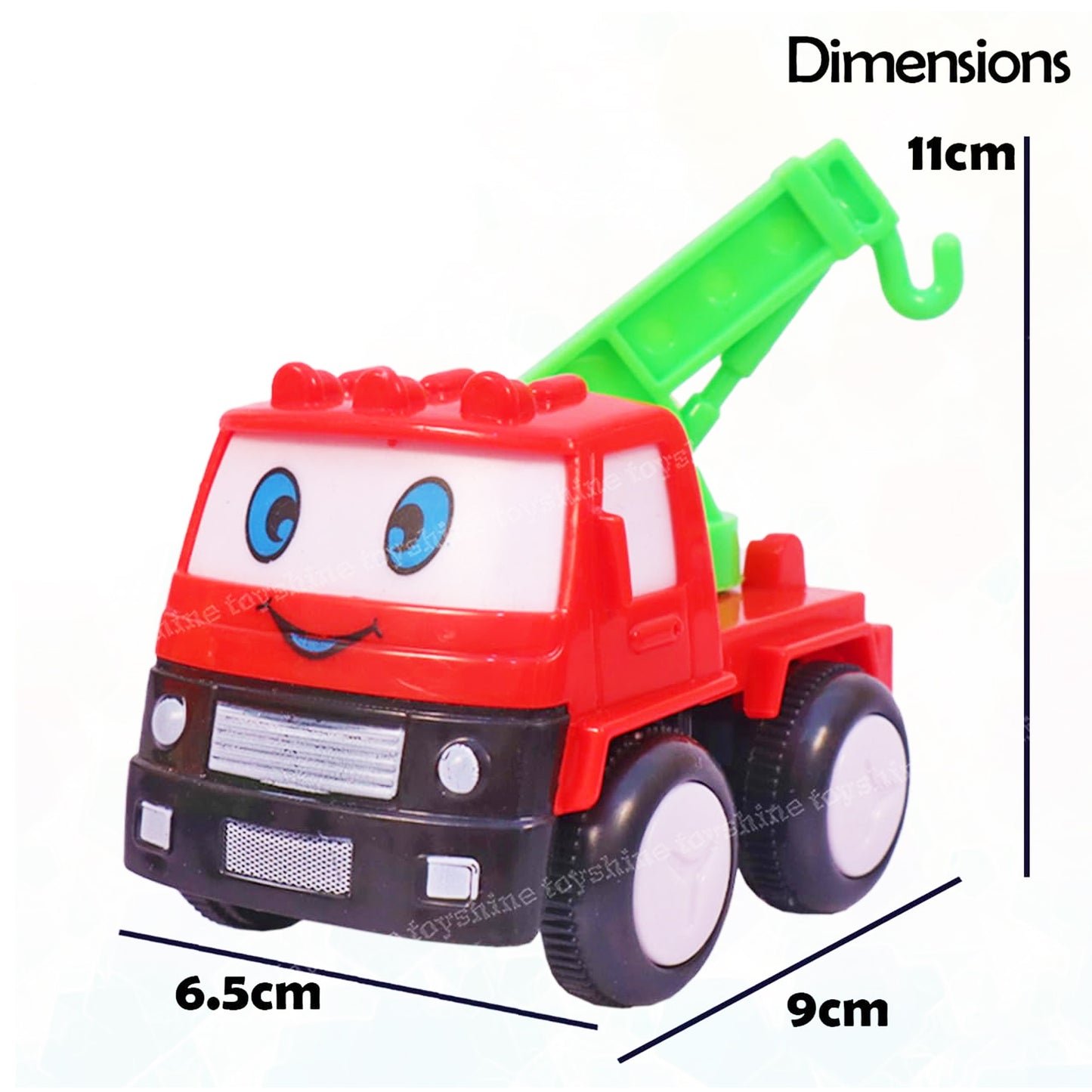 ToyBharat Construction Series 4pc Toy Car Set. Combination of 4 Vehicles, Funny Design with Eyes, Attractive Colour. Set of Dumper, Crane, Garbage Truck and Cement Mixer.