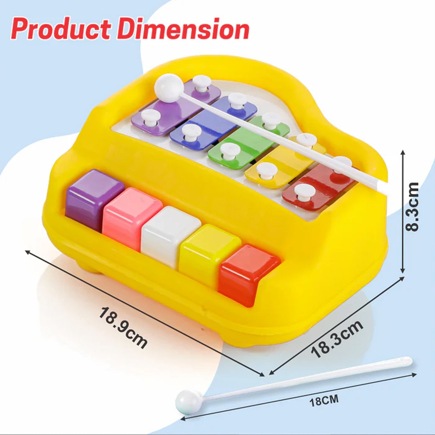 ToyBharat musical Xylophone & piano is a multicolour musical and educational  toy for kids aged 1-6. It promotes music learning, motor skills, and safe indoor-outdoor play with vibrant design and joyful sound.