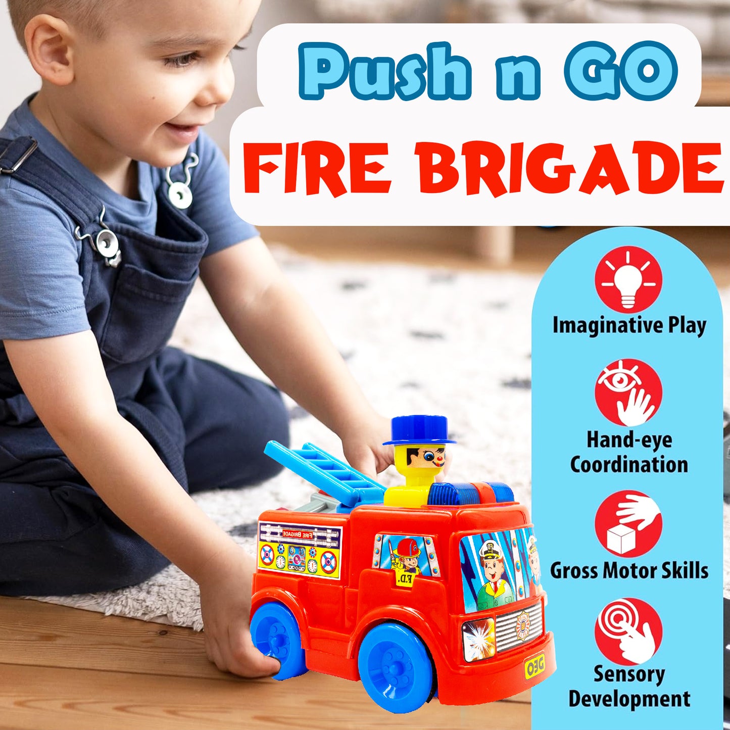 ToyBharat Push N Go Fire Brigade toy features a realistic design and vibrant multicolour finish. Perfect for kids aged 1-6 years, it's safe, non-toxic, and ideal for indoor and outdoor push-and-go play fun.