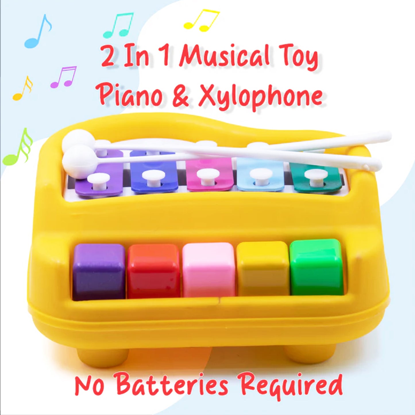 ToyBharat musical Xylophone & piano is a multicolour musical and educational  toy for kids aged 1-6. It promotes music learning, motor skills, and safe indoor-outdoor play with vibrant design and joyful sound.