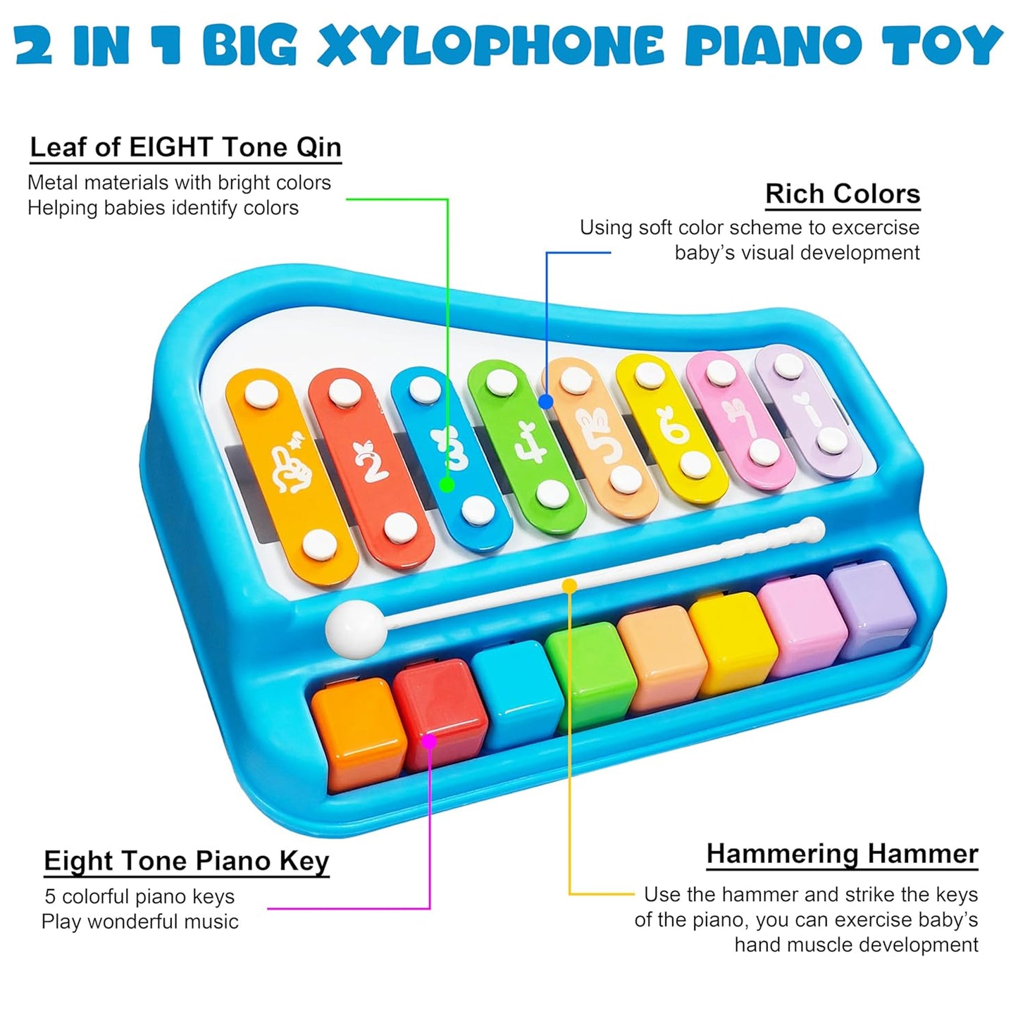 Toybharat 2 in 1 Musical Xylophone & Piano Toy for Kid | 8 Pin Toy | Interactive Toys | Musical Toy