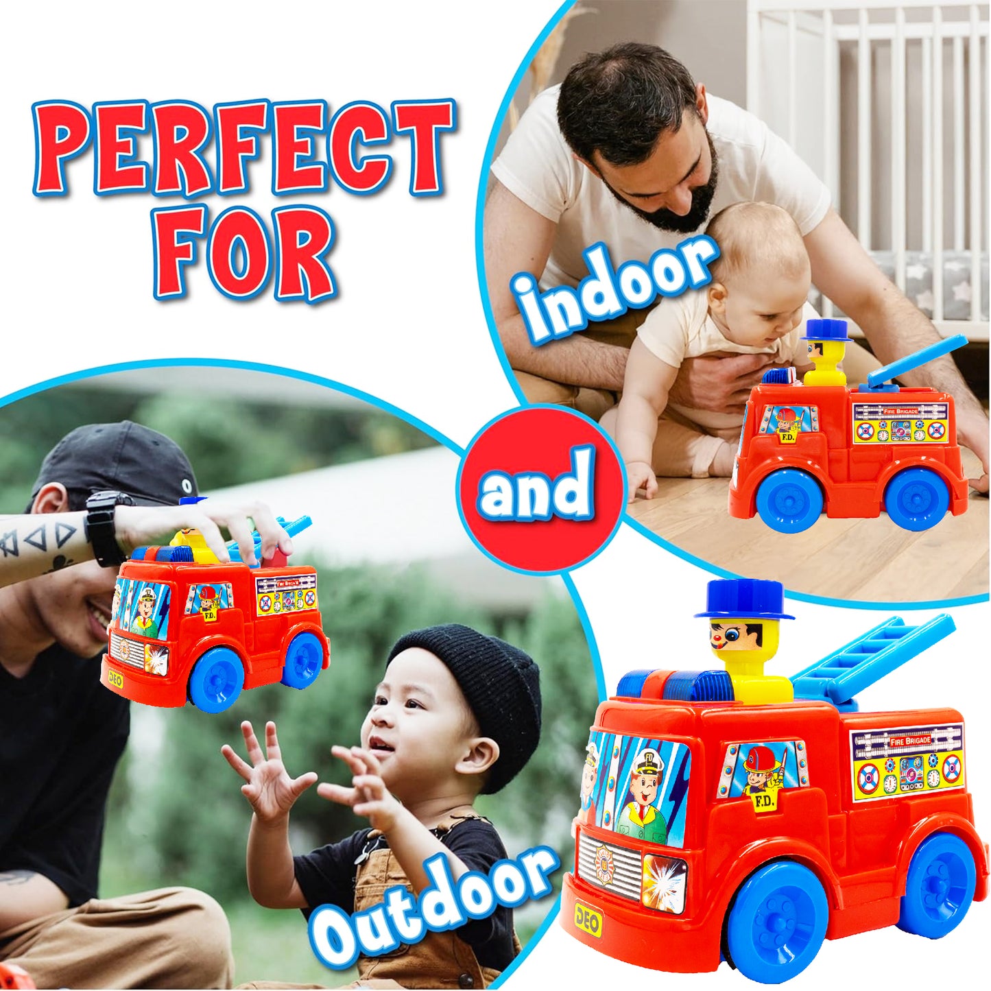 ToyBharat Push N Go Fire Brigade toy features a realistic design and vibrant multicolour finish. Perfect for kids aged 1-6 years, it's safe, non-toxic, and ideal for indoor and outdoor push-and-go play fun.