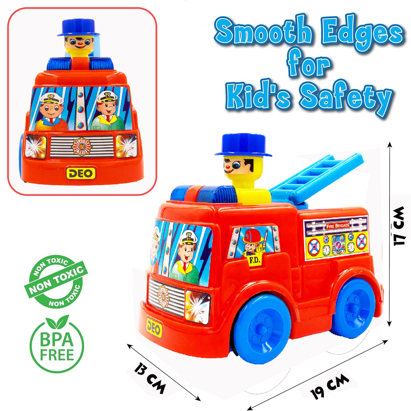 ToyBharat Push N Go Fire Brigade toy features a realistic design and vibrant multicolour finish. Perfect for kids aged 1-6 years, it's safe, non-toxic, and ideal for indoor and outdoor push-and-go play fun.