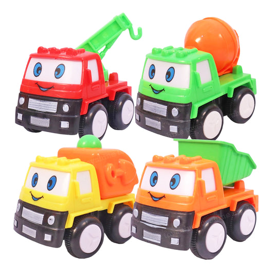 ToyBharat Construction Series 4pc Toy Car Set. Combination of 4 Vehicles, Funny Design with Eyes, Attractive Colour. Set of Dumper, Crane, Garbage Truck and Cement Mixer.