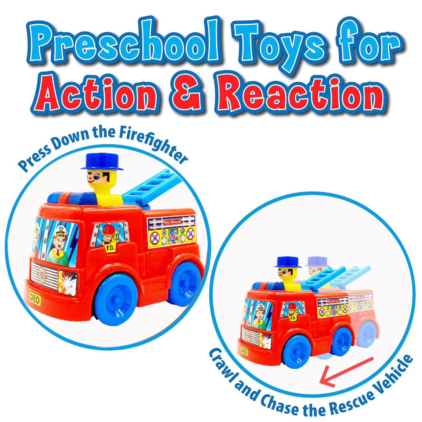 ToyBharat Push N Go Fire Brigade toy features a realistic design and vibrant multicolour finish. Perfect for kids aged 1-6 years, it's safe, non-toxic, and ideal for indoor and outdoor push-and-go play fun.